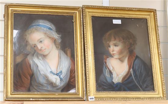 After Greuze, near pair of pastels, Portraits of children, largest 45 x 34.5cm